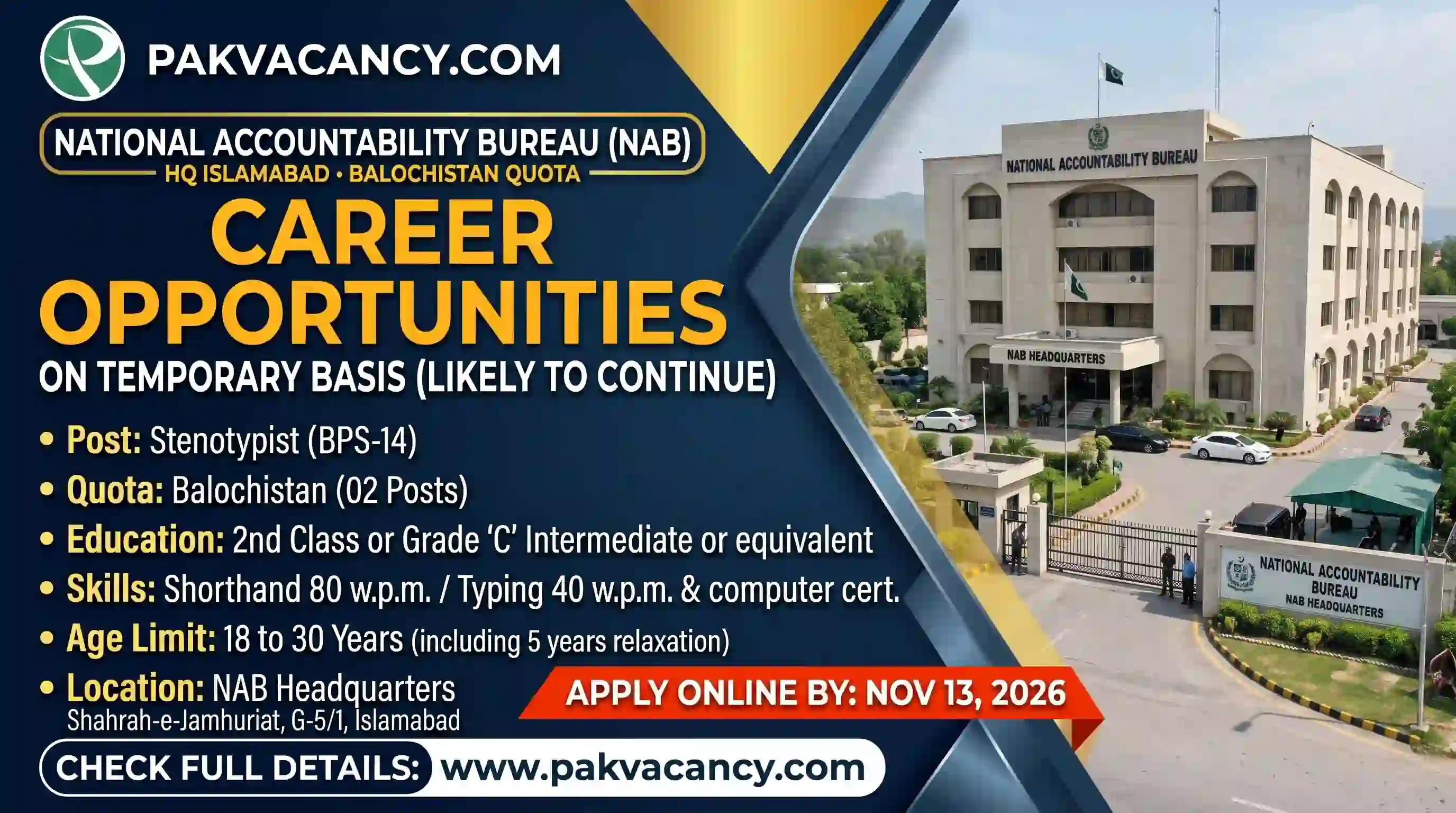 NAB Islamabad Jobs 2026 - National Accountability Bureau