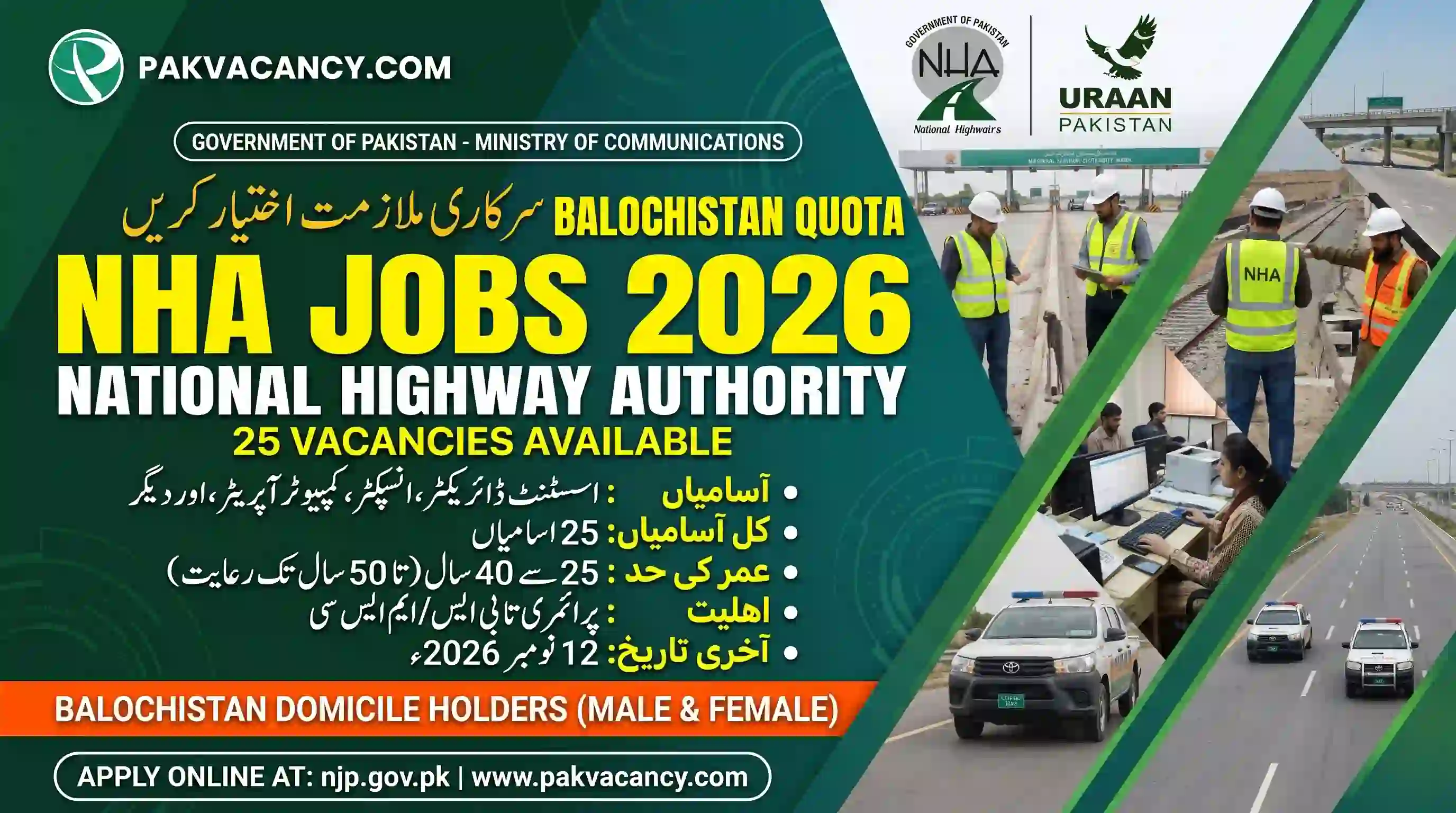 National Highway Authority Balochistan Quota Jobs 2026