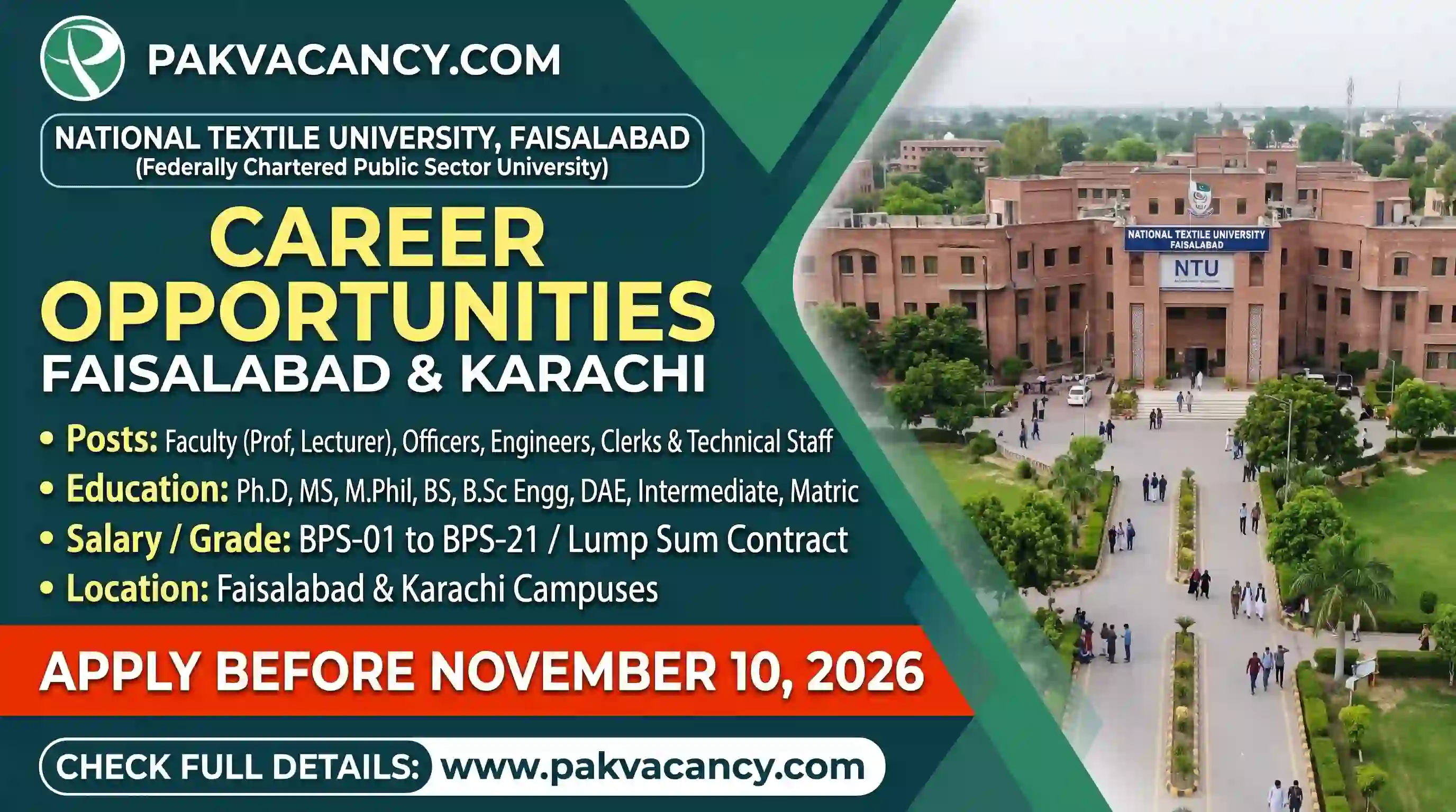 National Textile University Faisalabad Jobs 2026